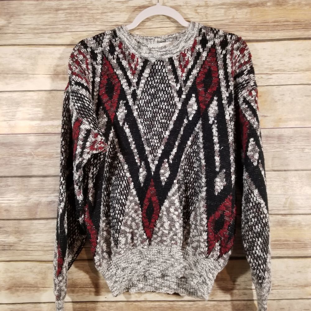 Geometric Pattern Crewneck Sweater - Black, Red, Gray